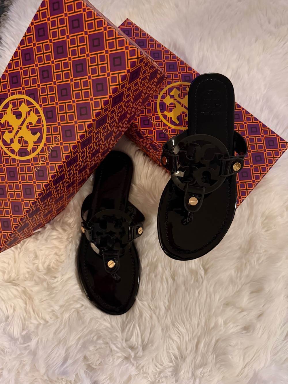 Tory Burch Black Patent Logo Thong Sandals